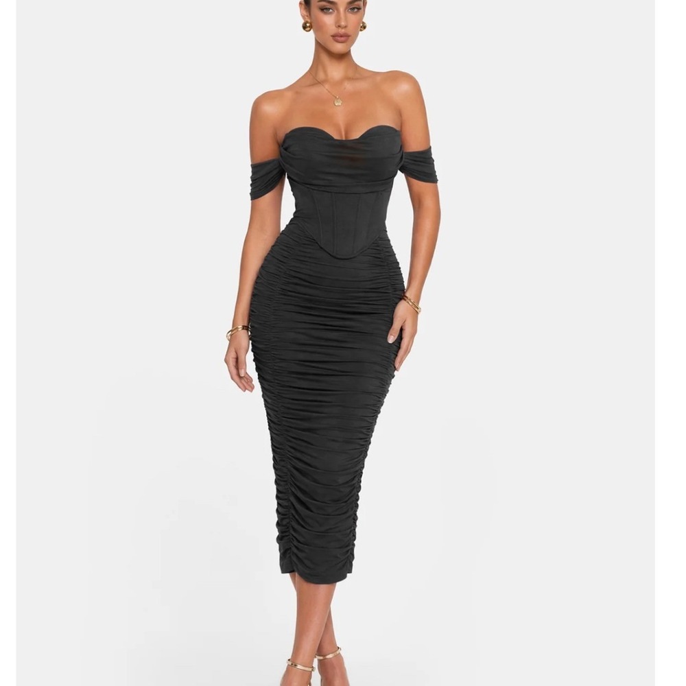 CurvySweet Scarlett Midi Dress Women XS Black Ruched Corset Strapless‎ Bodycon